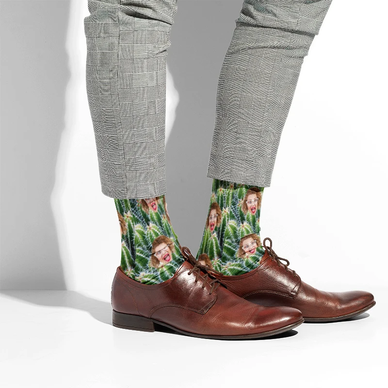 Creative Customized Cotton Socks Cactus Pattern And Your Face Custom Interesting Fashion Neutral Socks Multi Size Surprise Gift