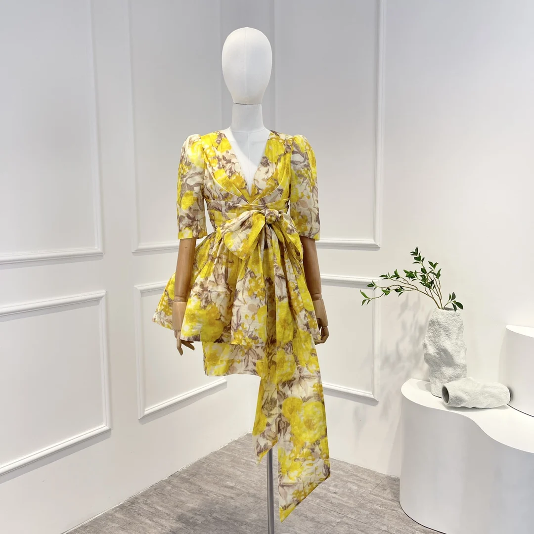

2022 Summer Spring Top Quality Linen Silk Yellow Floral Printing V-neck Self Tie Bow Waist Holiday Mini Dress Women