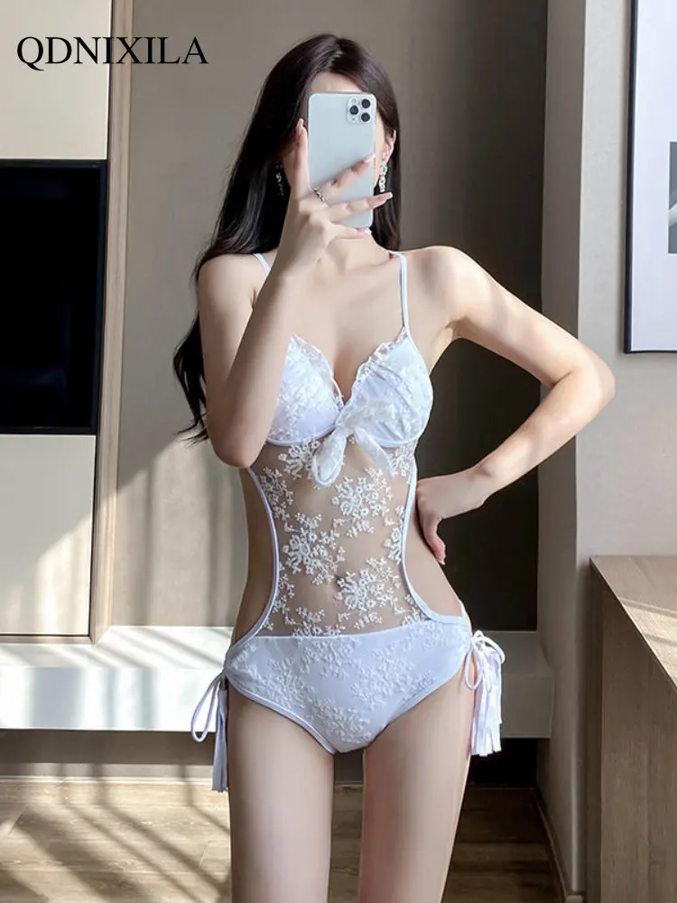 

Bikinis 2023 Woman White Lace Embroidery Sexy Openwork Strap Triangle One Piece Swimwear Beach Outfits for Women Swimsuit