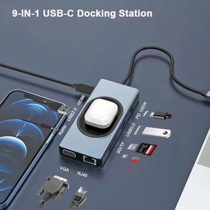 

USB C HUB To HDMI Docking Station with RJ45 Lan USB3.0 PD Thunderbolt 3 Wireless Charging VGA 3.5mm USBC Hub for MacBook Pro Air