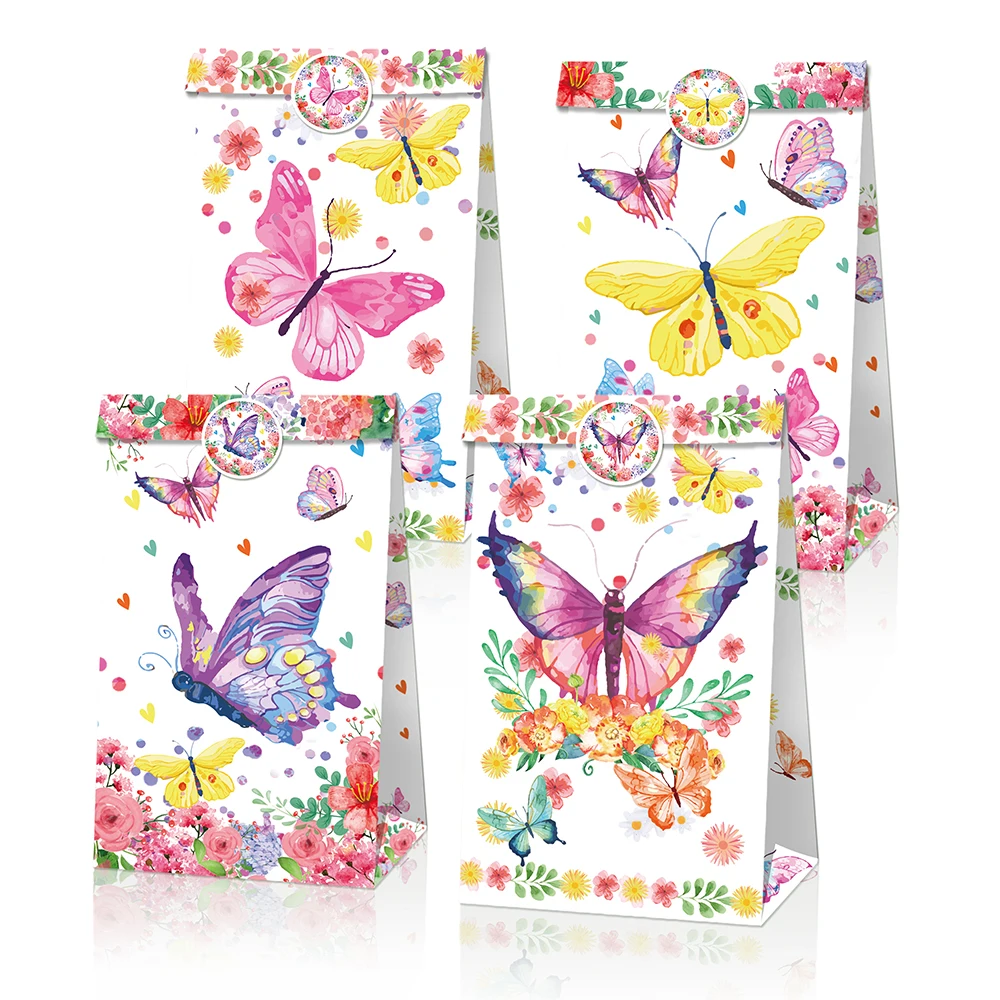 

LB164 12pcs Cartoon Animals Butterfly Spring Flowers Birthday Party Paper Gift Bag Baby Shower Cookies Decors Party Kraft Bags
