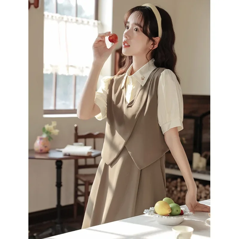 Французская Винтажная футболка из двух предметов женская одежда летняя для