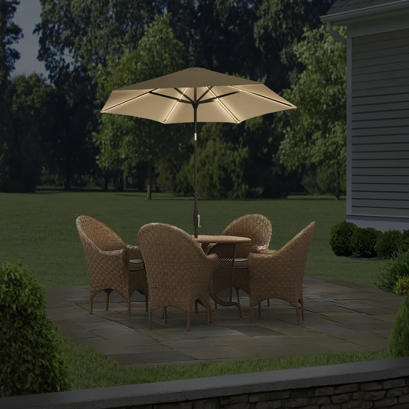 

9 ft. LED Market Umbrella - Khaki, Warm Light for Outdoor Beach Garden