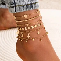 sindlan 6pcs boho gold star anklets set for women vintage simple geometric handmade chain bracelet on the leg jewelry bijoux