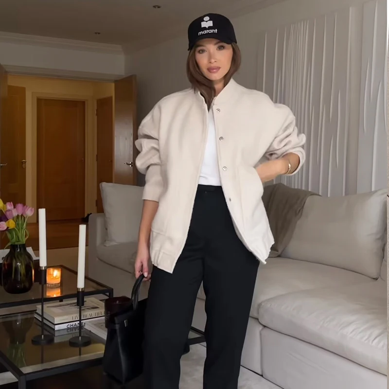 

Women Jacket Spring 2023 New Bomber Jacket Fashion Simple O-neck Loose Long-sleeved Outwear Holiday Street Warm Chic Coat