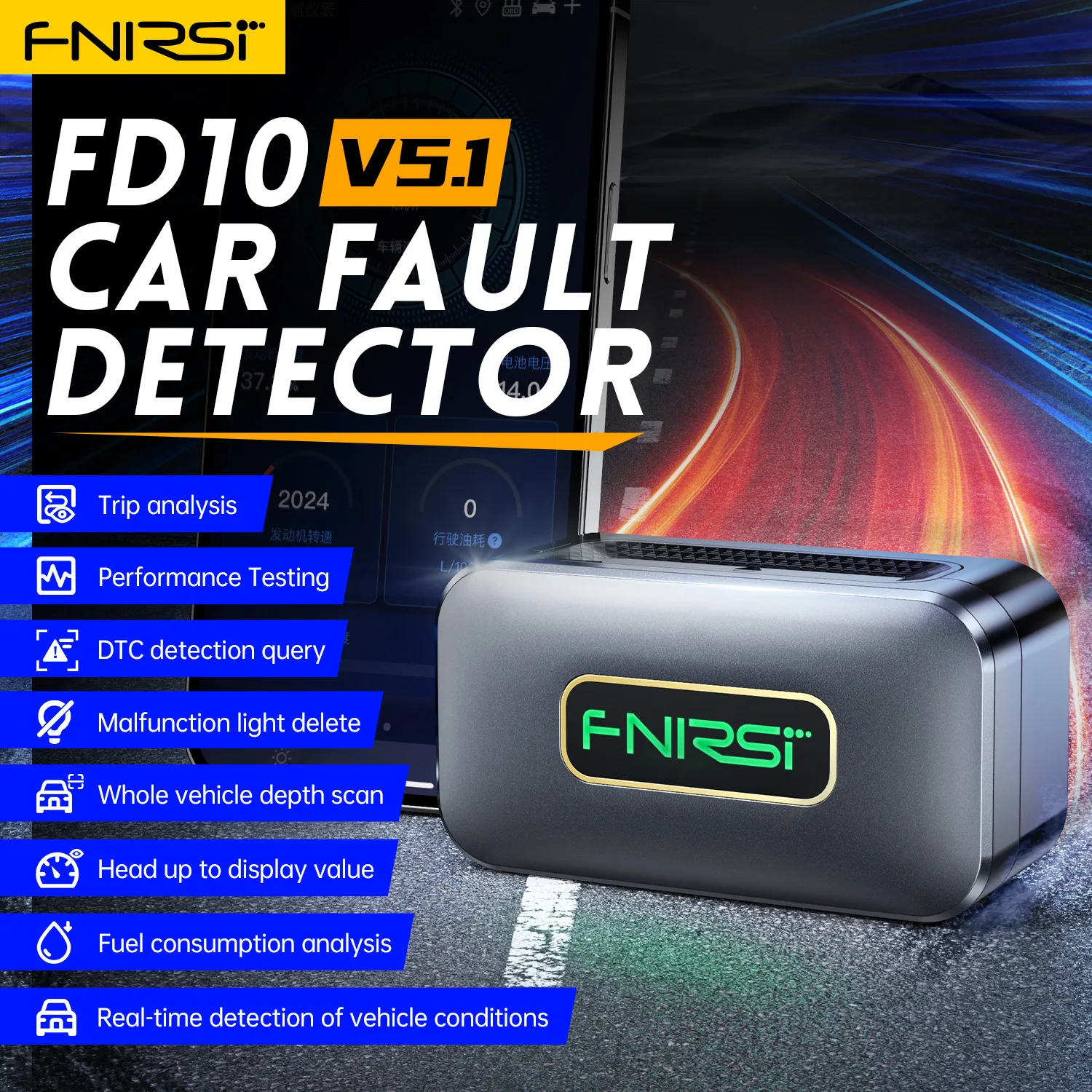 

FNIRSI FD10 Car OBD2 Scanner Code Reader Clear Error OBD Diagnostic Tool IOS Android BluetoothV5.1 Check Engine Light Car Repair