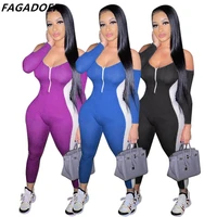 fagadoer sexy off shoulder zip jumpsuits women halter neck v neck long sleeve bodycon playsuits fashion color patchwork rompers