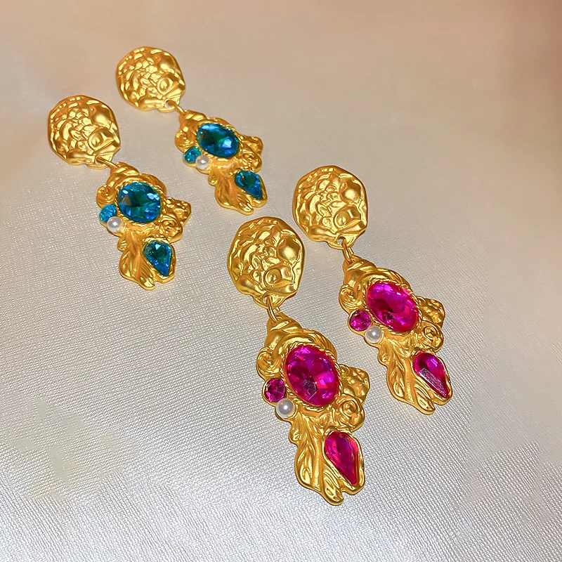 

European and American Women Metal Rhinestone Irregular Flower Leaf Earrings French Earrings
