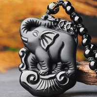 natural obsidian elephant pendant fashion boutique jewelry mens and womens hand carved auspicious ruyi necklace accessories