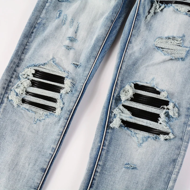 High Street Fashion Men Jeans Retro Light Blue Stretch Skinny Fit Ripped Jeans Men Leather Patched Designer Hip Hop Brand Pants