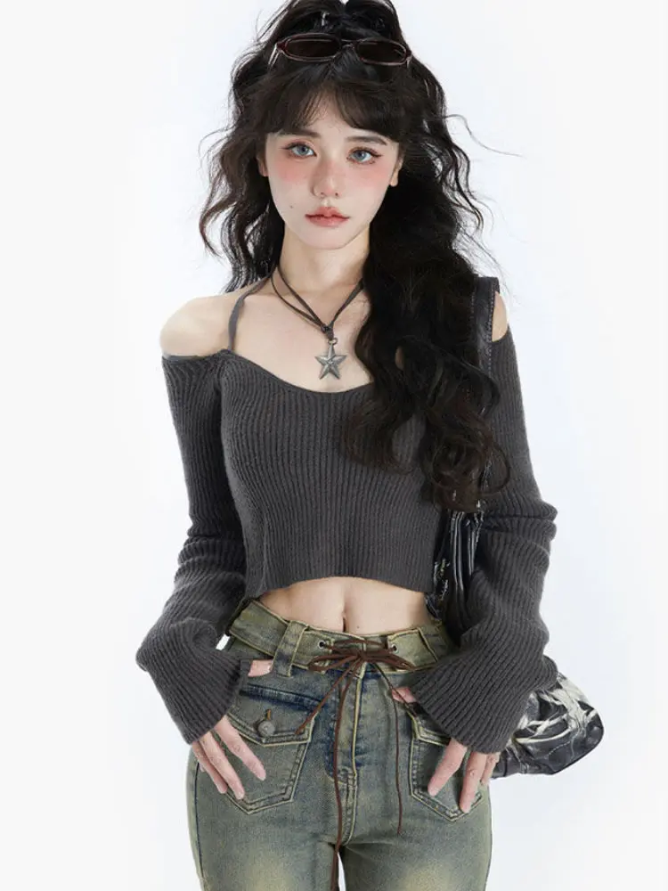 

Y2K Women Korean Vintage Acubi Slim Cropped Sweater Aesthetics Long Sleeve Sweaters V Neck Gyaru Grunge Tight Pullovers Clothes