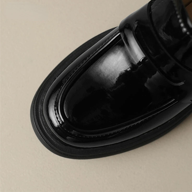 New Spring Black Apricot Round Toe Mid Heeled Leather Punk Women Retro Loafers Casual Shoes