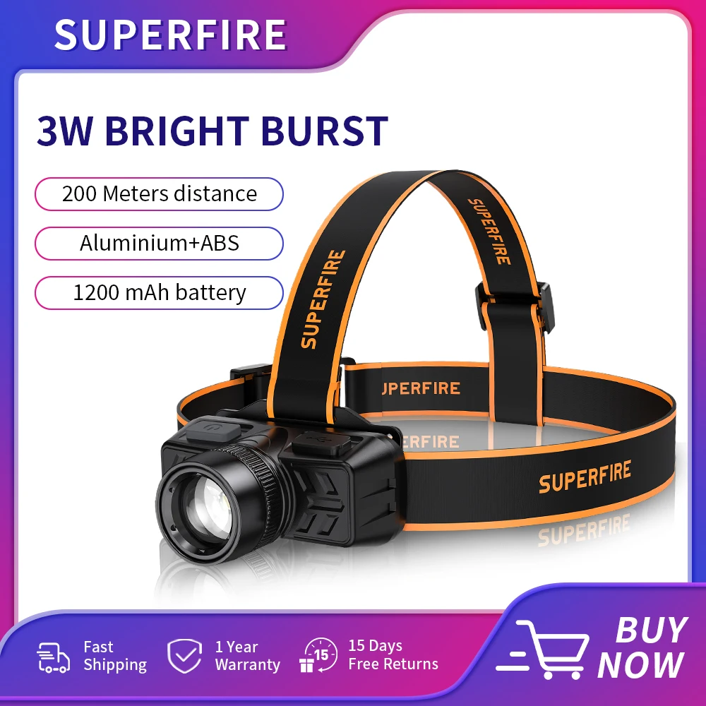 

SUPERFIRE HL50 Zoomable Headlamp LED ZOOM flashlight Powerful Lantern for Outdoor Camping Fishing USB Rechargeable Headlight