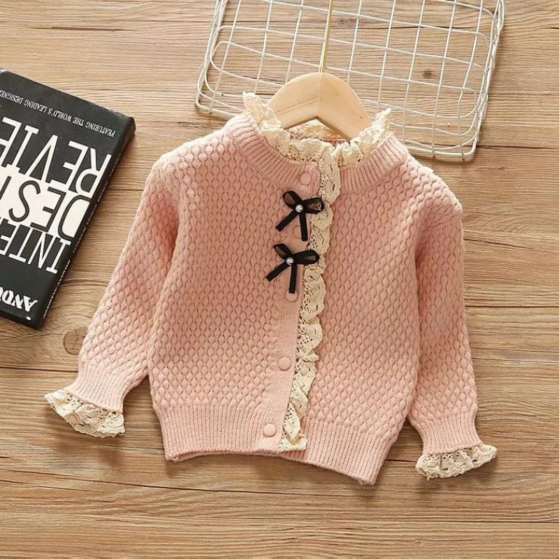 

Kids Girls Knitted Sweaters Lace Bow Stitching Cardigan New Arrival Children Autumn Winter Sweaters Korean Style 12M-6Y