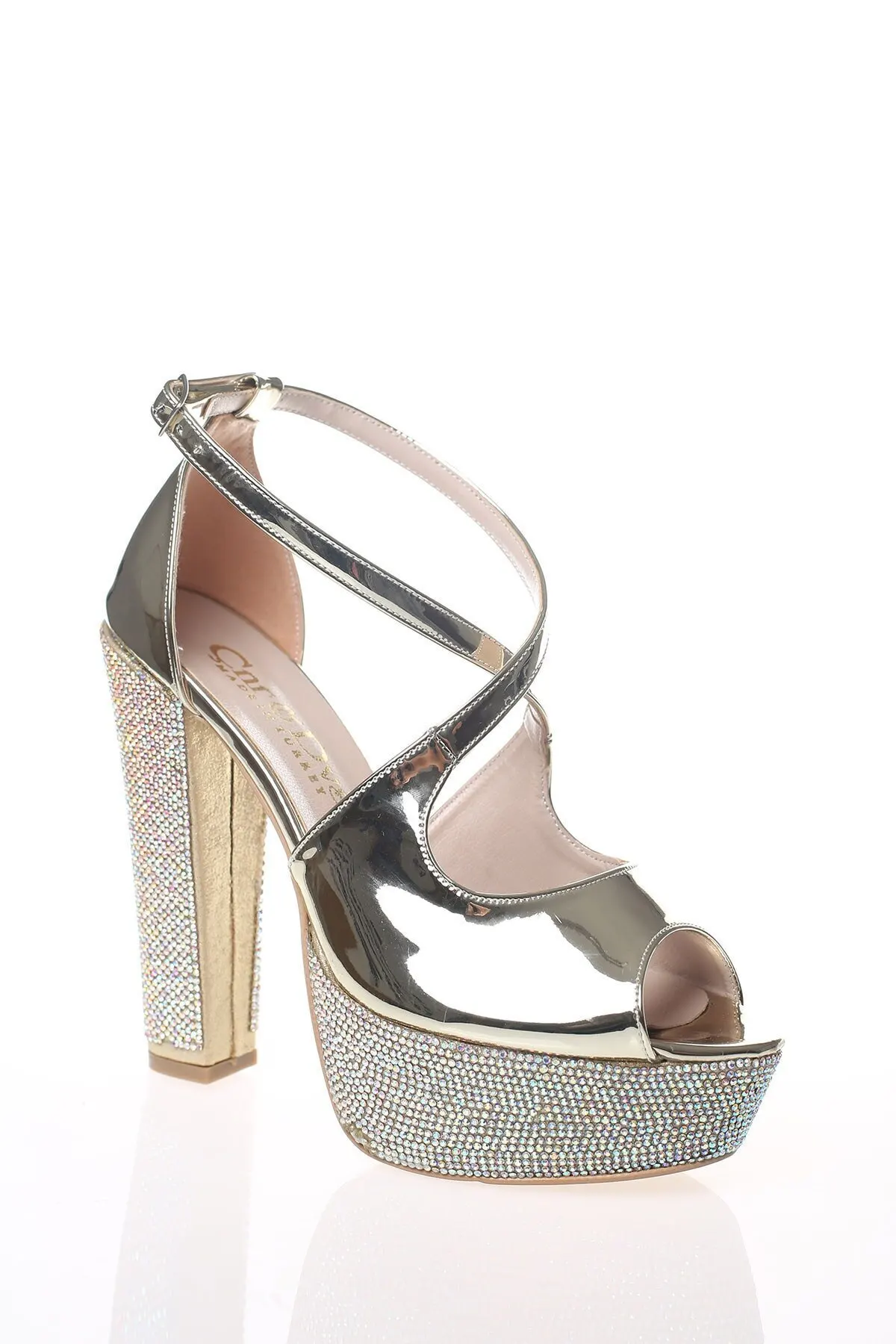 Women's Fashion Handmade Lady Gold Mirror High Heels poly Stone Evening Dress Shoes