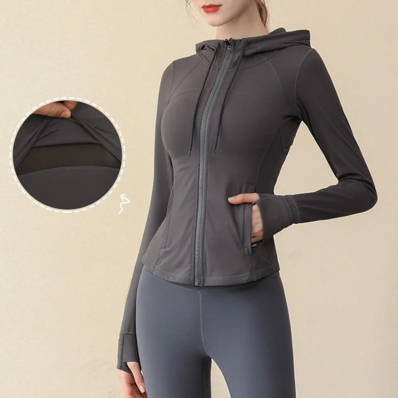 Yoga Suit Summer New Elastic Waist Tight And Breathable Fitness Exercise Yoga Hooded Long Sleeved Running Cardigan Tight Top