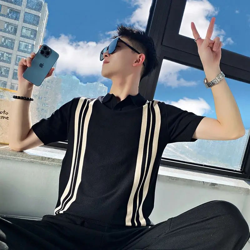 

Black Striped Short-sleeved T-shirt Men's Summer New Slim-fit Polo Shirt High-grade Summer Dress Half-sleeve