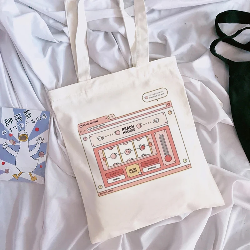 

2022 Cute Print Handbag Cartoon Harajuku Fashion Casual Beautiful White Large Capacity Foldable Reusable Bag Women's Shopping Ba