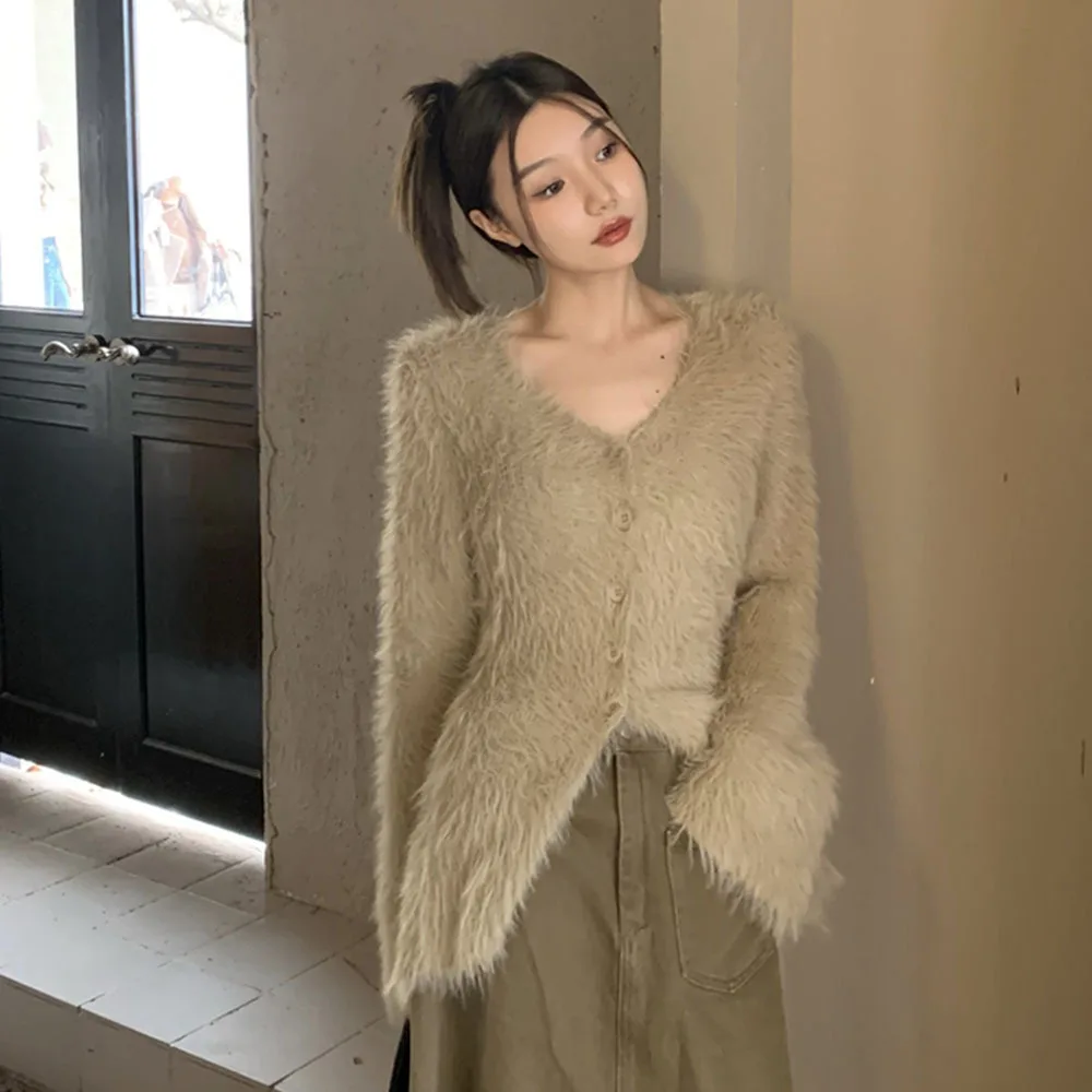 

Autumn Spring Lazy Style V-neck Mink Hair Sweater Women Cardigan Coats Sexy Girl Slim Knit Jackets Tops Female Casual Knitwear