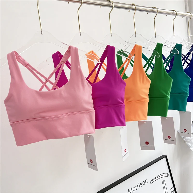 SHINBENE HI CLOUD Brushed Nylon Strappy Yoga Gym Bras Women Criss Cross Strap Wireless Sports Bras Top Athletic Brassiere