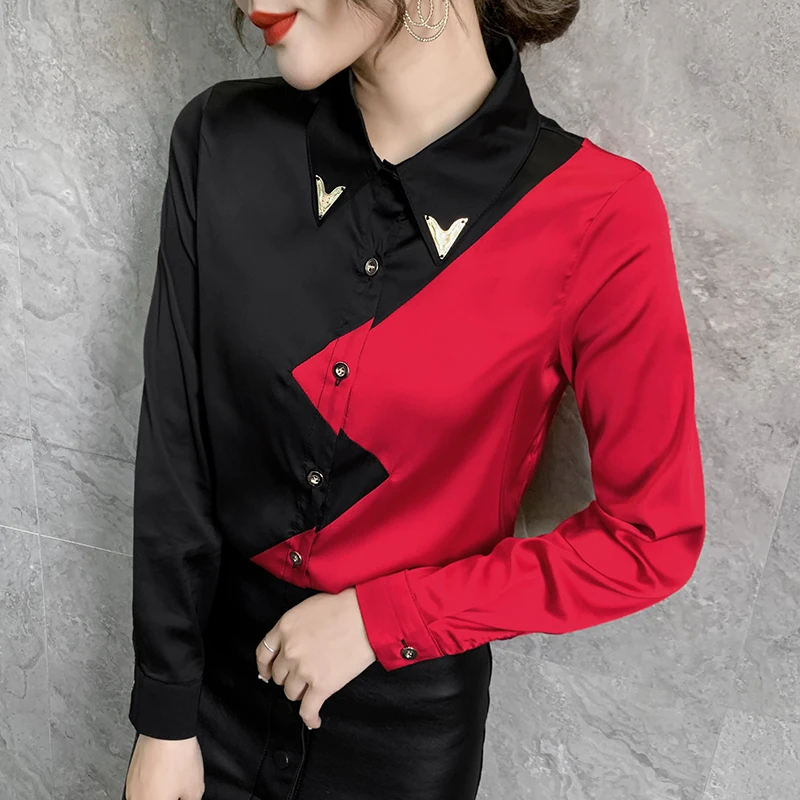 Women's Autumn New High End Temperament Polo Collar Long Sleeve Button Contrast Slim Fit Panel Fashion Versatile Shirt Top