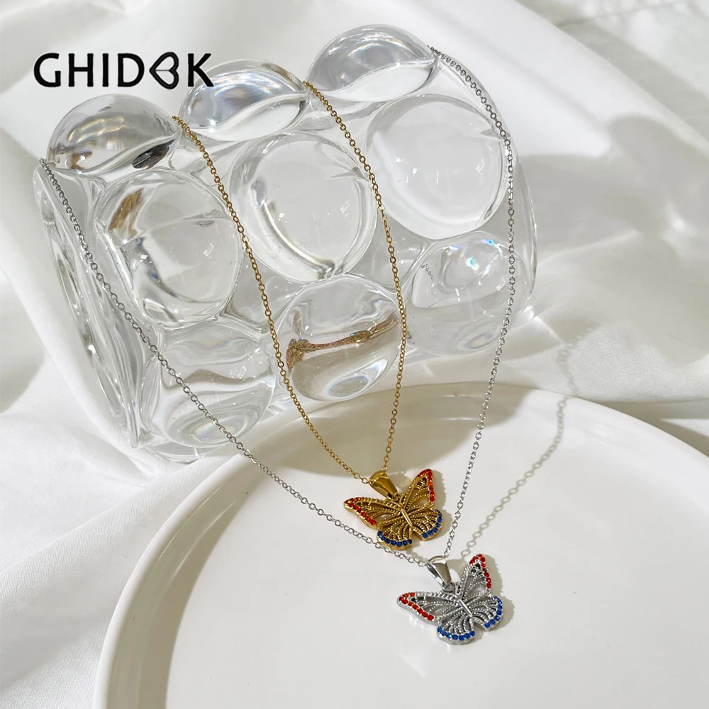 

GHIDBK Delicate 18K Gold Pvd Plated Cz Crystal Butterfly Charm Necklace Waterproof Stainless Steel Insect Jewelry Stackable