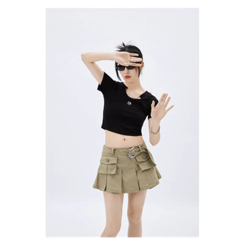 

Women's Khaki Workwear Short Skirt 2022 New Fashion Casual Short Skirt High Waist Retro Street A-line Skirt Pocket Mini Skirt