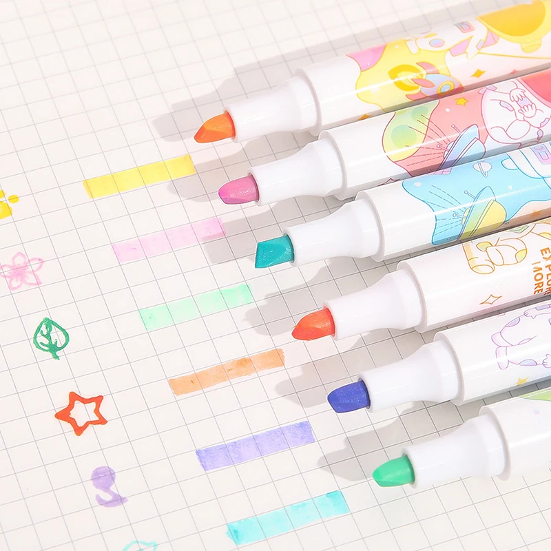 

6Pcs/Lot Double-End New Cute Design Double-headed Highlighter Pen Fluorescent Pen Stationery School Supplies
