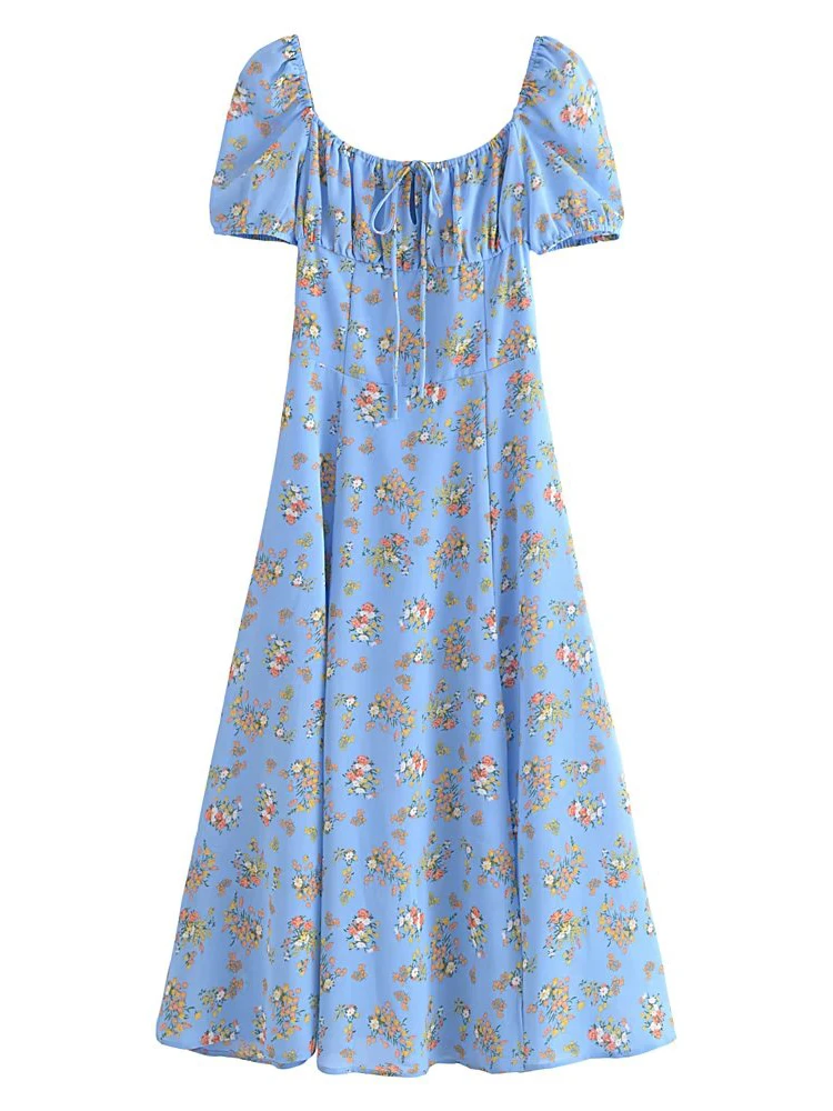 

Summer Women Vintage Floral Print Sexy Slits Chiffon Dress Elegant Square Neck French Style Ladies Dress Midi Vestido