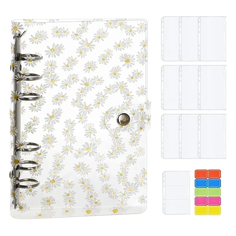 

11Pcs A6 Budget Binder PVC 6 Ring Refillable Binder Cover With 9 Binder Pockets/1 Binder Card / 1 Label (Daisy Flower)