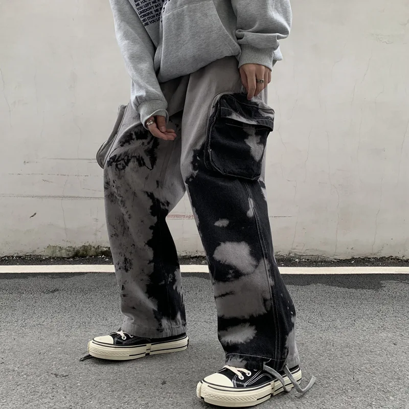 High Street Tie Dye Vintage Baggy Men Cargo Jeans Pants Y2K Side Pockets Straight Loose Hip Hop Denim Trousers Pantalon Hombre