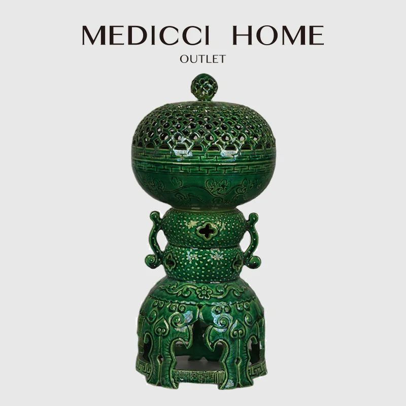 

Medicci Home Antique Candle Holder Aromatherapy Aroma Diffuser Furnace Vintage Jade Green Glaze Hollow Oil Burner For Bedroom