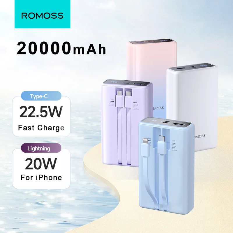 ROMOSS Power Bank 20000mAh Встроенный кабель 22.5W Powerbank быстрая зарядка портативный внешний