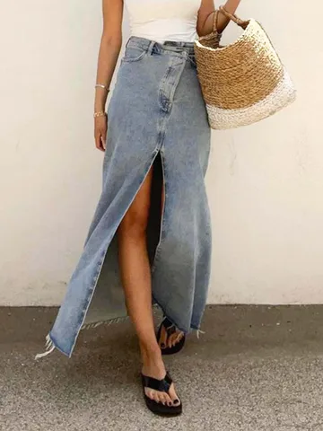 Irregular Denim Skirt Women Spring Pocket Tassel High Waist Simple Blue Slit Faldas Bottom Female Vintage Elegant Maxi Skirts