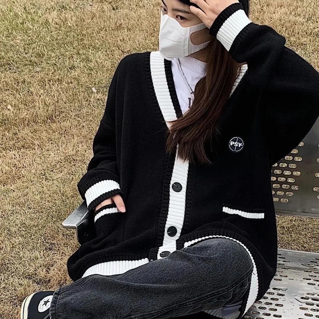 

Deeptown Korean Style Black Knitted Cardigan Sweater Women Oversize Fashion Single Breasted Knitwear Jackets Autumn Jumper Coat