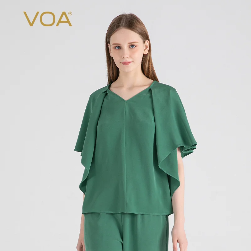 

(Fans Exclusive Discount) VOA Heavyweight Sand Wash Silk V-Neck Bat Short Sleeve Tops Women Loose Green Summer T-shirt BE1396