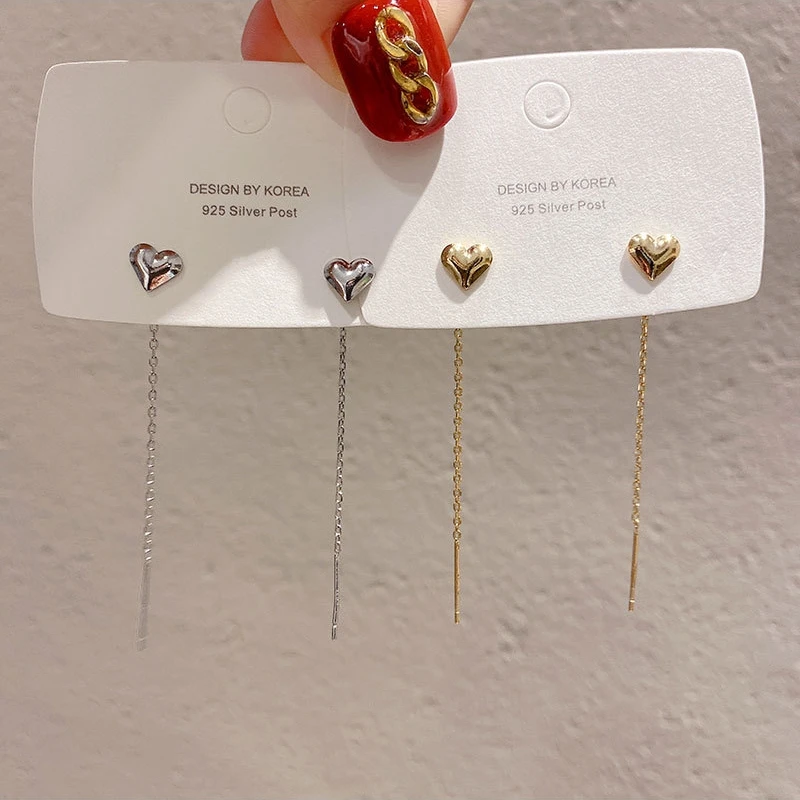 Золотий колір Серце Лінія вух для жінок Темперамент Довгі сережки з китицями Срібні кольорові ланки Дівчата Корейська мода Металеві сережки