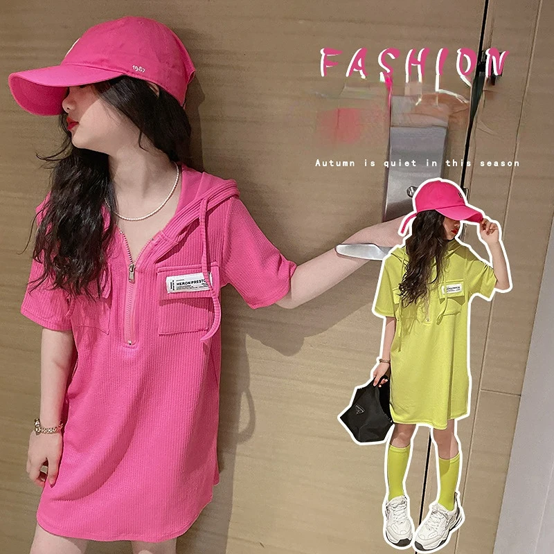 

Girls hooded short-sleeved T-shirt skirt children's dress 2022 summer new fashion trendy