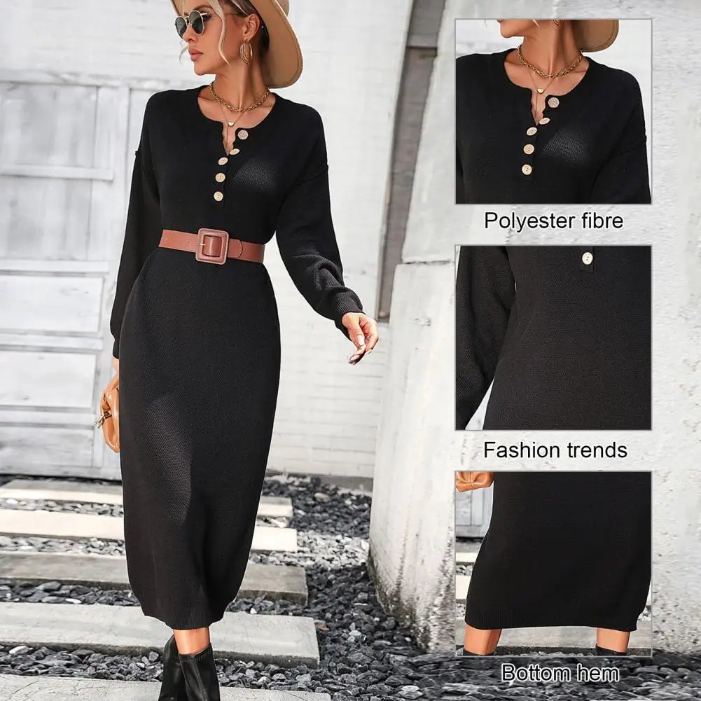 

Women Dress Chic Knitted Midi Dresses for Women Soft Slim-fit for Fall Winter with Round Neckline Button Detailing Soft Women