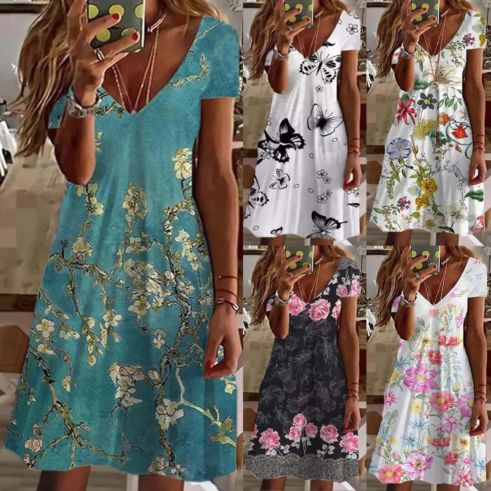 

Floral Sundress Robe Loose Summer V-neck 2022 New Women Printing Shift Dress Female Vintage Dress Short Sleeve A-line Dresses