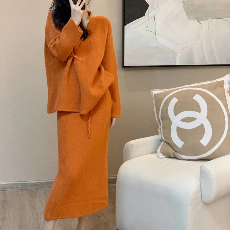 

Women Clothing Spring Autumn 2022 New Knitted Cardigan Suit Skirt Loose Top Simple Temperament Casual Skirt Women Two Pieces
