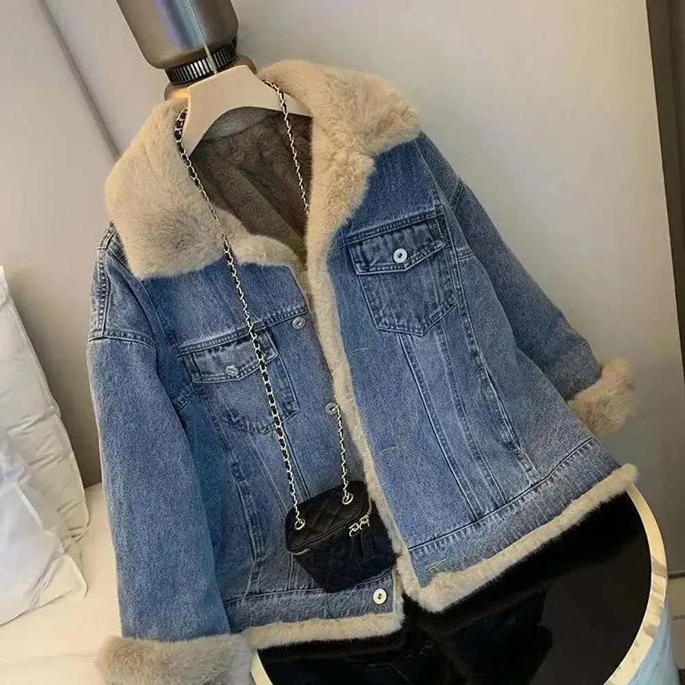 

Женская зимняя джинсовая куртка, Повседневная модная однобортная теплая парка с воротником-стойкой и плюшевой подкладкой в стиле ретро, 2022