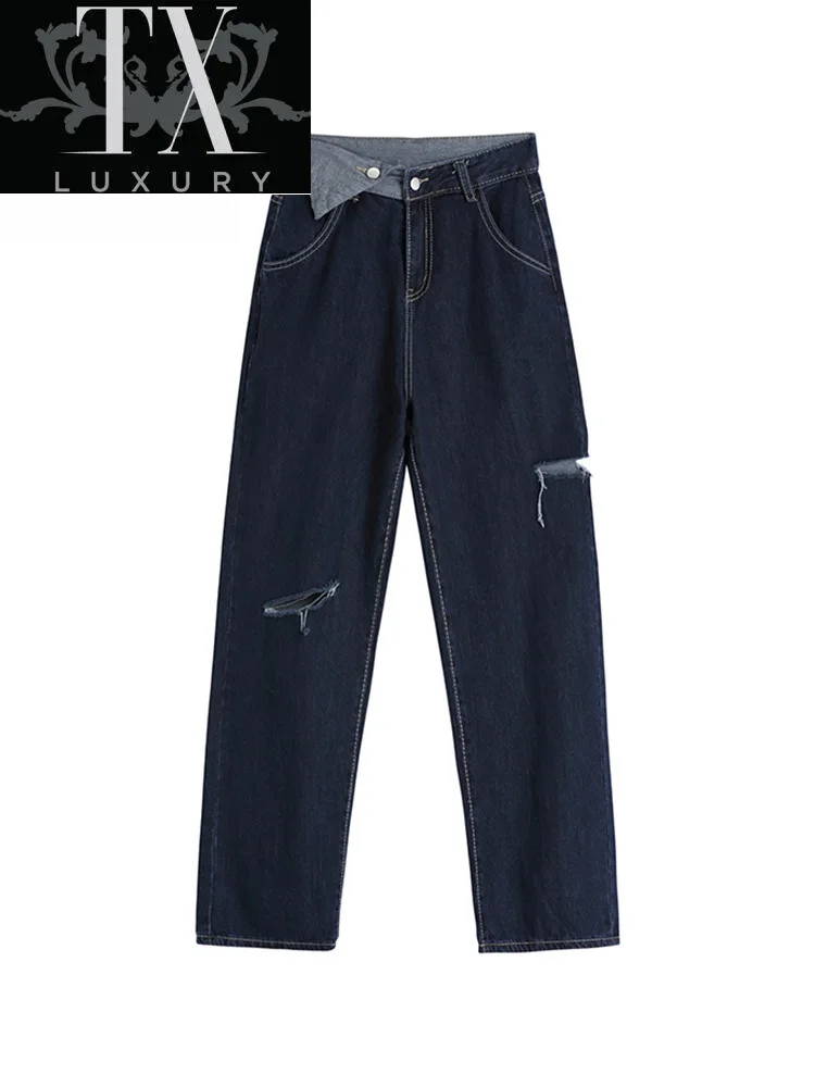 

Women Jeans Chic Street Denim Trousers Ripped Hole High Waist Vintage Classic All-Match Straight Pants Autumn Clothes