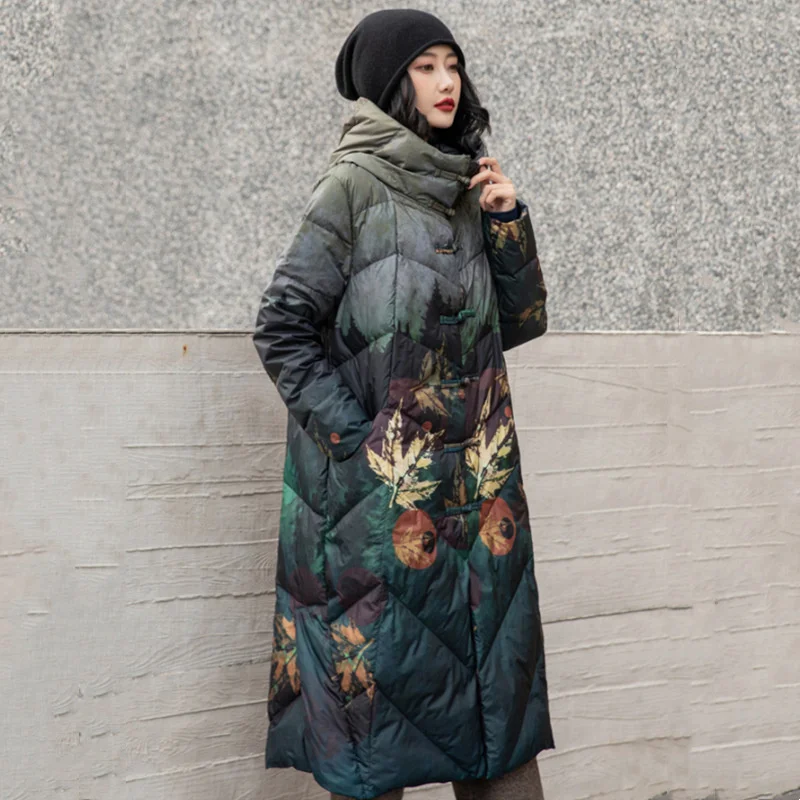 2022 Vintage Fashion Print Hooded Long Down Jacket Women Chinese Style Long Sleeve Thick Warm White Down Parkas Ladies Long Coat