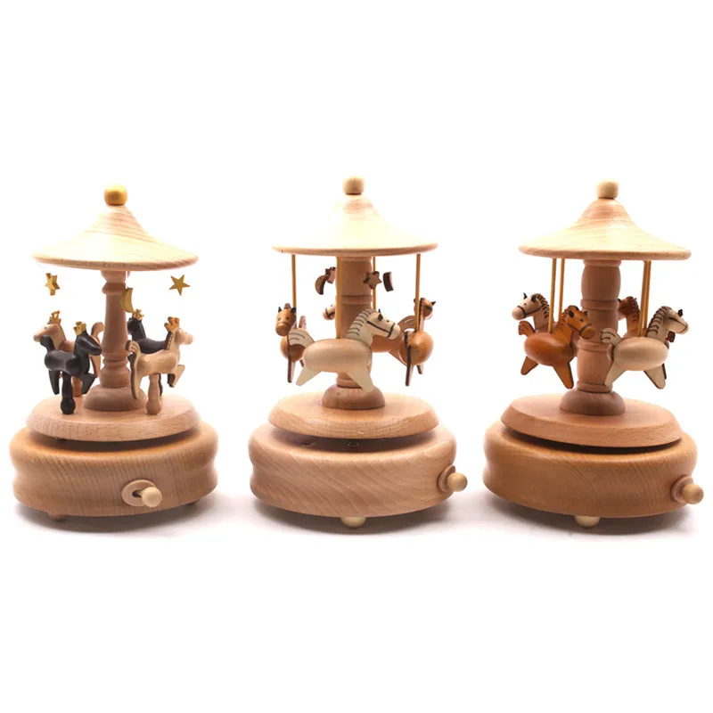 

New Fashion Wooden Musical Box No Battery Beech Musical Box Carousel Horse Rotating Desktop Decoration for Home