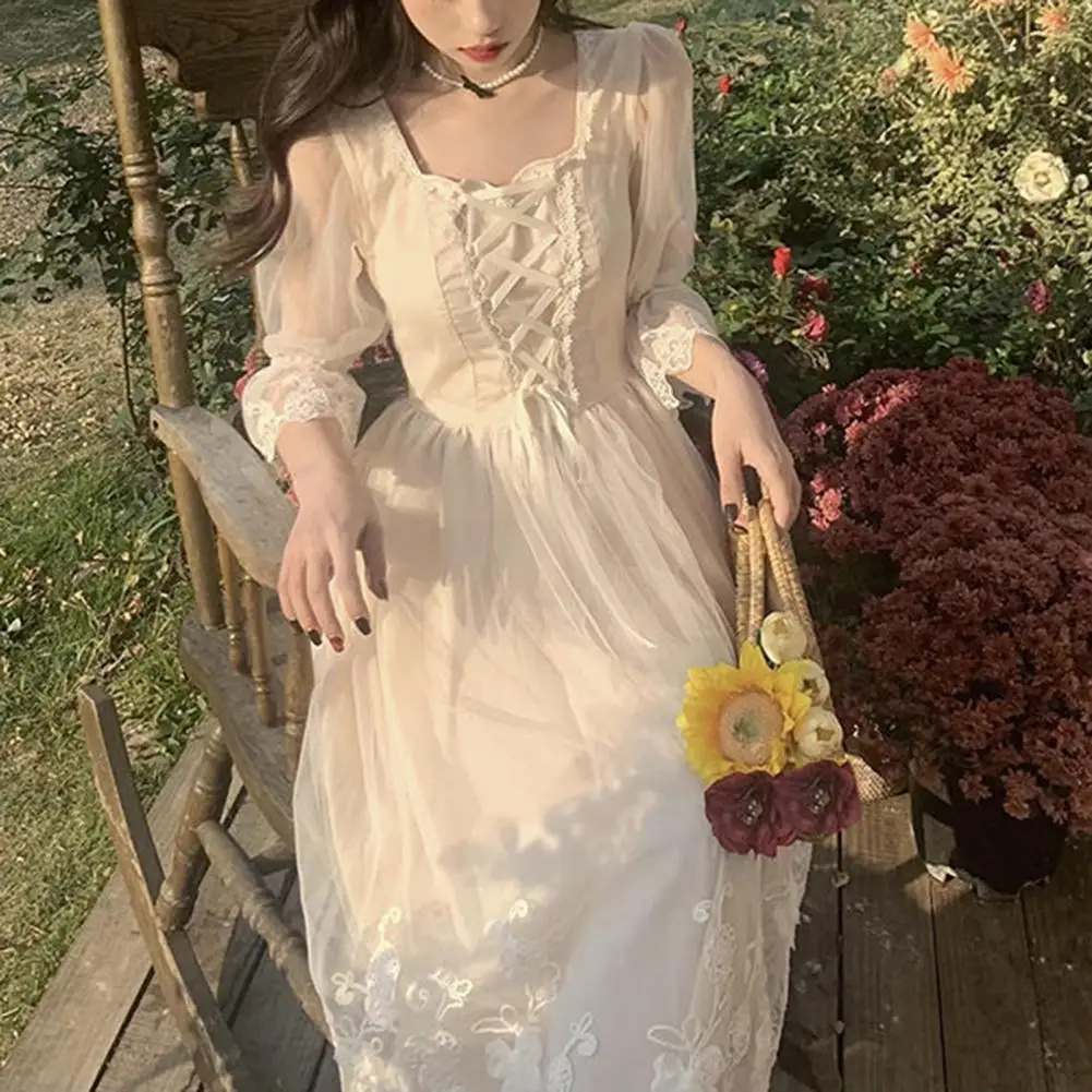 

French Vintage Fairy Dress Women Count Lace-up Korean Party Midi Dress Retro Casual Elegant Princess Dress 2021 Long Sleeve Slim