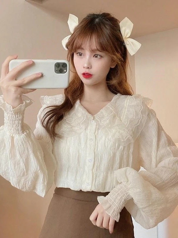 Волшебные милые кружевные рубашки с кукольным воротником женский дизайн Sense