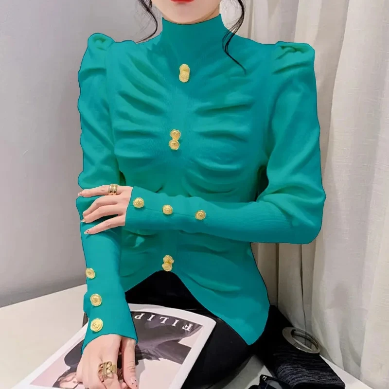 Женская рубашка с получерепаховым вырезом и пышными рукавами тонкая трикотажная