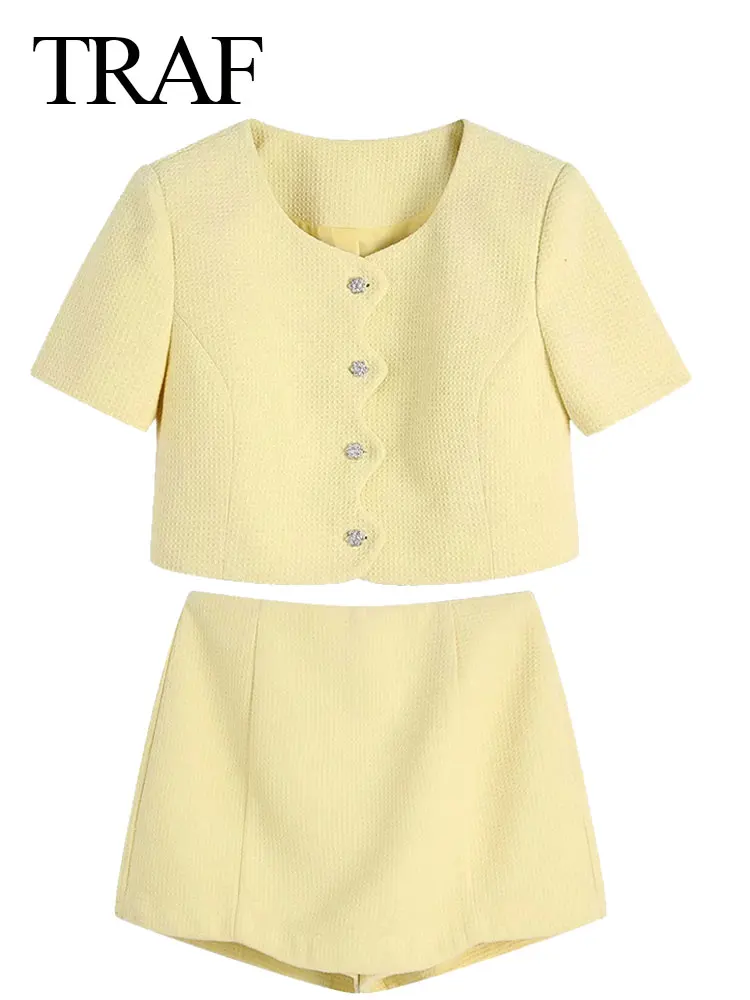 

Женский модный однотонный костюм TRAF желтого цвета с коротким рукавом без пупка, пиджак с четырьмя пуговицами + элегантная простая приталенн...