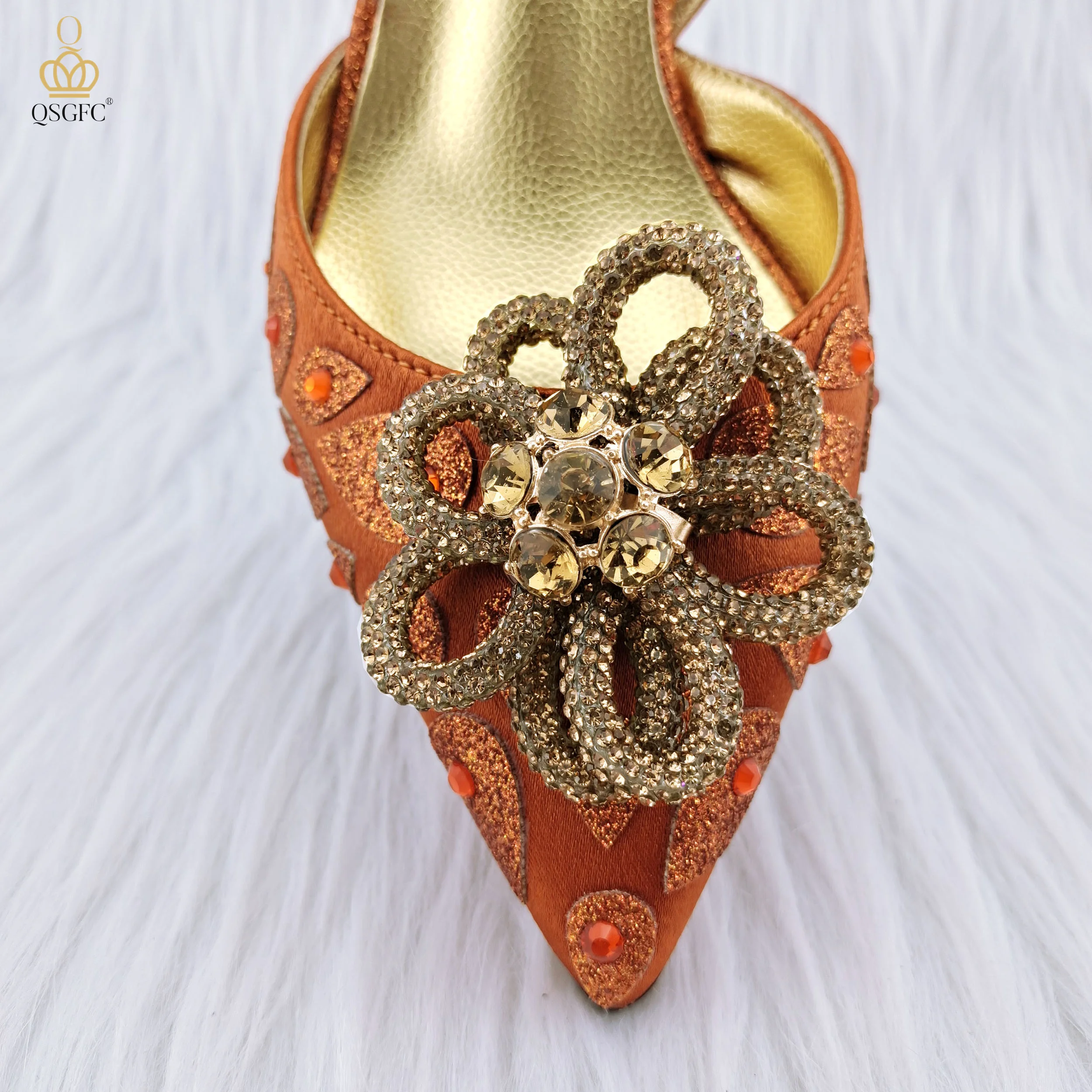 QSGFC Orange Color Peep Toe Italian Design Women's Shoes and Bag Set for Everyday and Banquet Party Women's Shoes And Bag Set